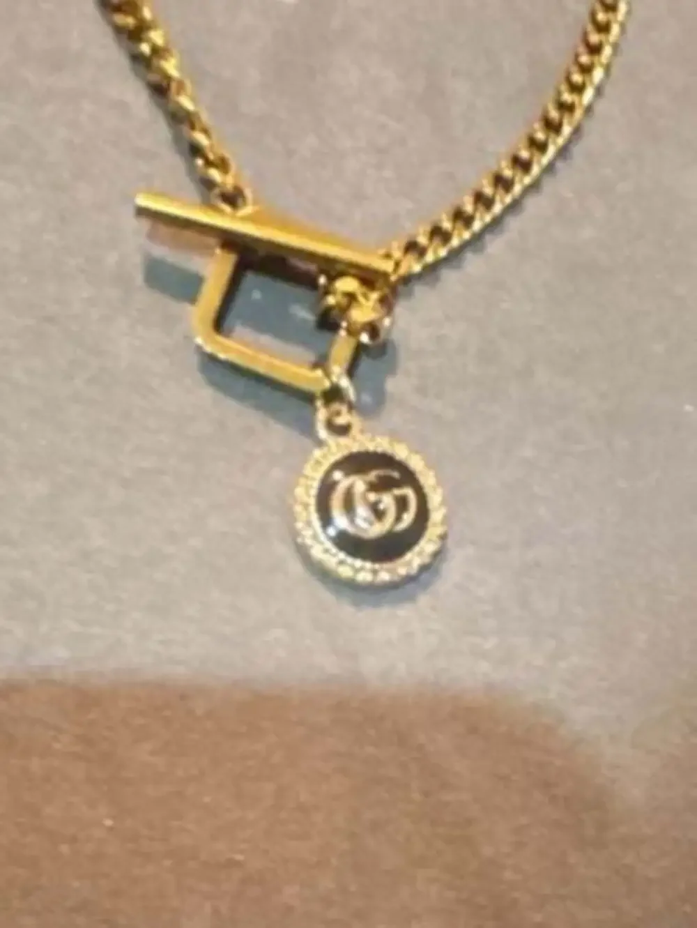 Gucci Double G Gold-Tone Cuban Link T-Bar Toggle Necklace with Black Enamel and
